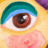 Extreme close-up of the portraits eye painted in thick oil colour. A dark brown iris sits within white and pale pink shapes, framed by blue and green curved bands above. Visible ridges, swirls and brushstrokes show dense pigment application and glossy highlights on the surface.