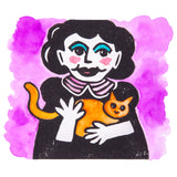 Finished lino print of a stylised person holding an orange cat, set against a vibrant pink and purple watercolour background. The bold black relief print contrasts strongly with the soft blended colour wash.