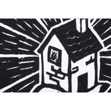 Close-up of a printed section showing part of a house and radiating lines in black ink. The sharp white carved lines against deep black areas illustrate the clarity and contrast produced with Silk Cut Lino Tile.