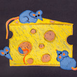 Artwork of three blue mice interacting with a large slice of yellow cheese, drawn with Street Paint Markers. The bright colours and textured strokes stand out on a dark background.