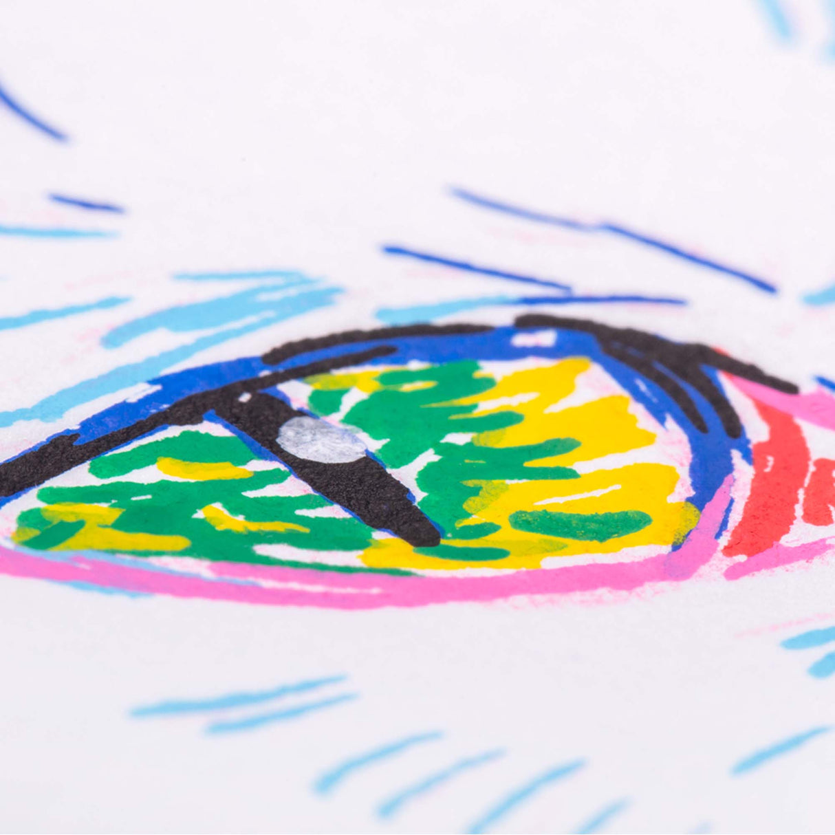 Close-up detail of a cat’s eye drawn with POSCA markers, showing vibrant layered strokes in green, yellow, blue, pink and black.