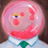 Surreal portrait painting of a figure in a collared shirt and green tie, with a transparent pink globe for a head. Inside the globe are a single eye, pink circular forms and sweeping white highlights. Thick brushwork and a dark background emphasise the unusual composition.