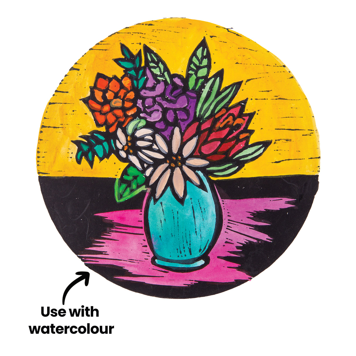 Colour artwork created from a Mastercut Print Lino Round print, featuring a vase of flowers on a bright yellow background with pink and black tabletop. Annotation text reads “Use with watercolour” with an arrow. Bold outlines show how prints can be coloured after printing.