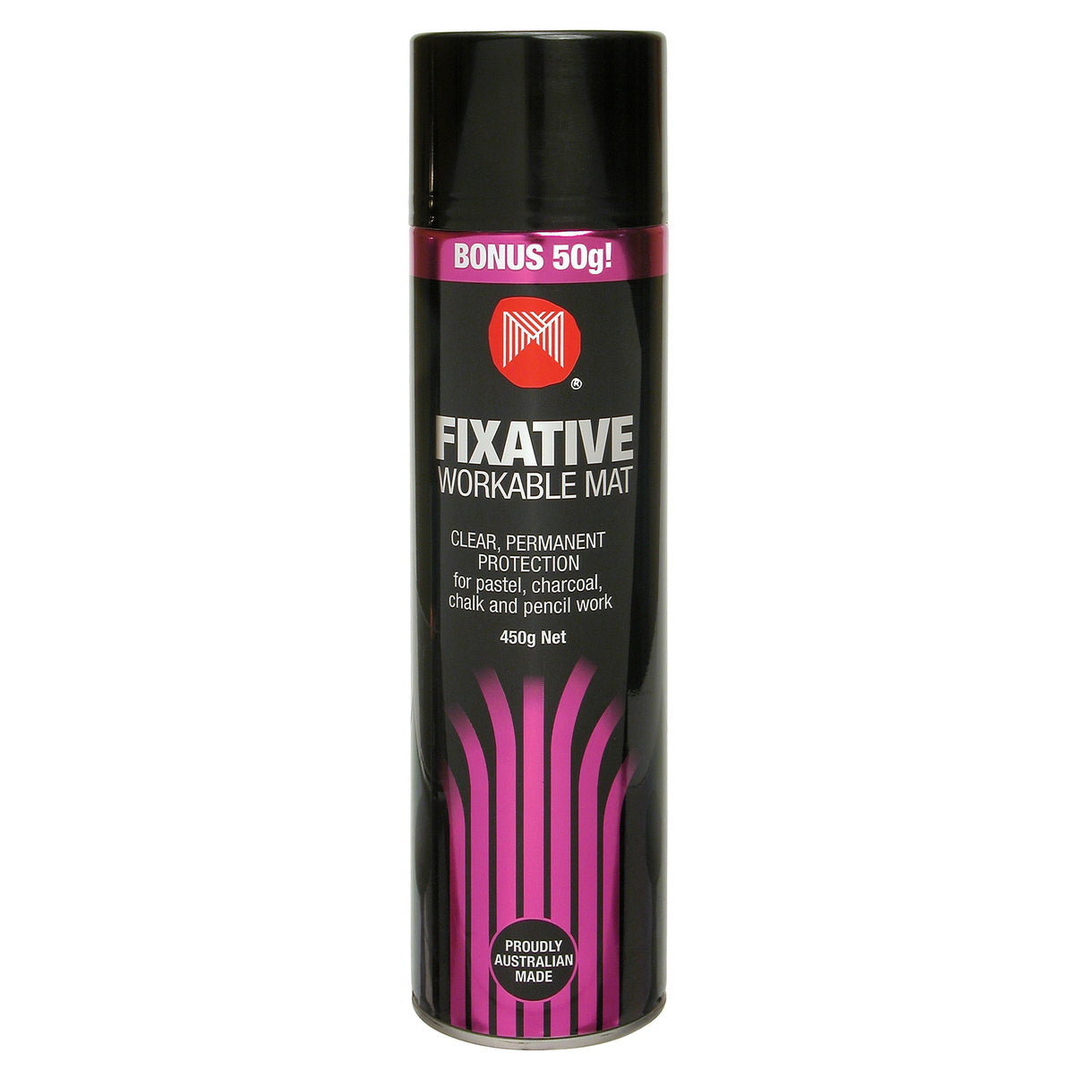 Fixative Workable Mat spray can in matte black with bold magenta typography and stripe detailing. Labelled as clear, permanent protection for pastel, charcoal, chalk, and pencil work. 450g net with bonus 50g. Proudly Australian made.