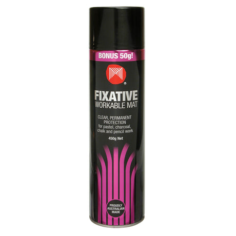 Fixative Workable Mat spray can in matte black with bold magenta typography and stripe detailing. Labelled as clear, permanent protection for pastel, charcoal, chalk, and pencil work. 450g net with bonus 50g. Proudly Australian made.