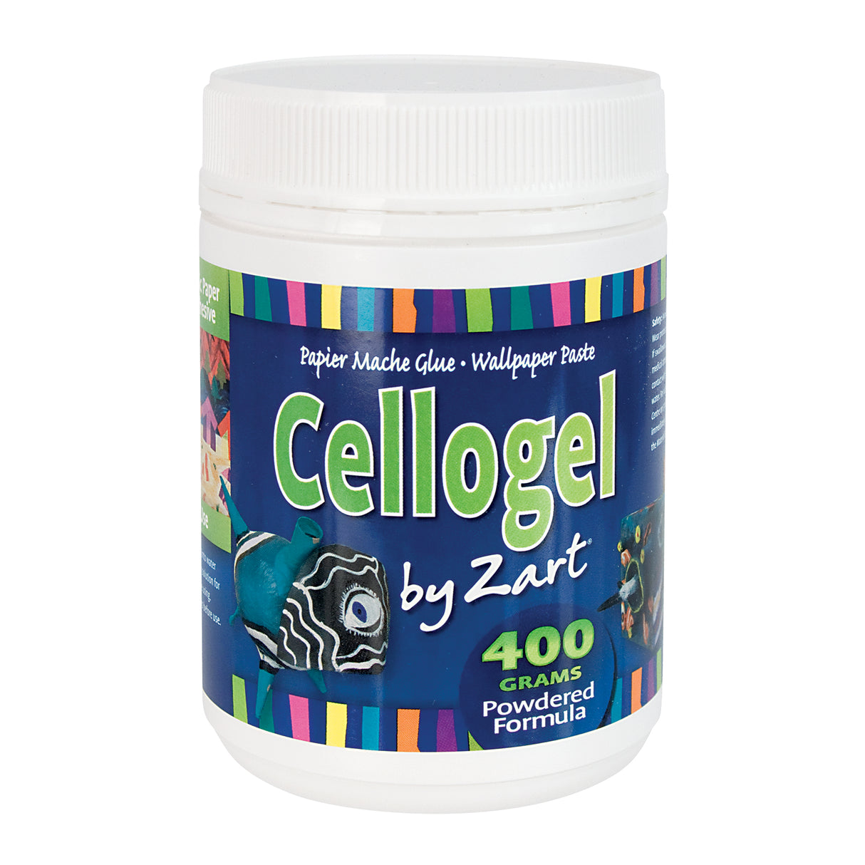 Cellogel by Zart papier mâché glue and wallpaper paste in a 400g white plastic jar with wide screw-top lid. Bold blue label with lime green typography and colourful papier mâché artwork imagery. Powdered formula, mixes with water.