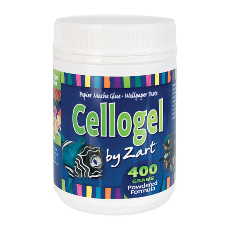 Cellogel by Zart papier mâché glue and wallpaper paste in a 400g white plastic jar with wide screw-top lid. Bold blue label with lime green typography and colourful papier mâché artwork imagery. Powdered formula, mixes with water.