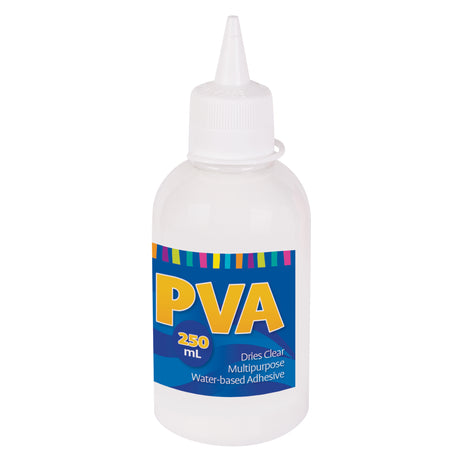 250 mL bottle of Zart PVA glue shown on a white background, featuring a clear squeeze nozzle and label stating dries clear, multipurpose, water-based adhesive, suitable for classroom and craft use.