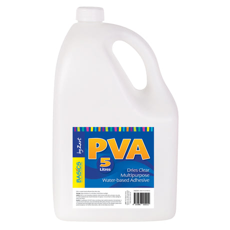 5 litre bulk bottle of Zart PVA glue with built-in handle, displayed on a white background, labelled as a water-based, multipurpose adhesive that dries clear, designed for high-use classroom and artroom settings.