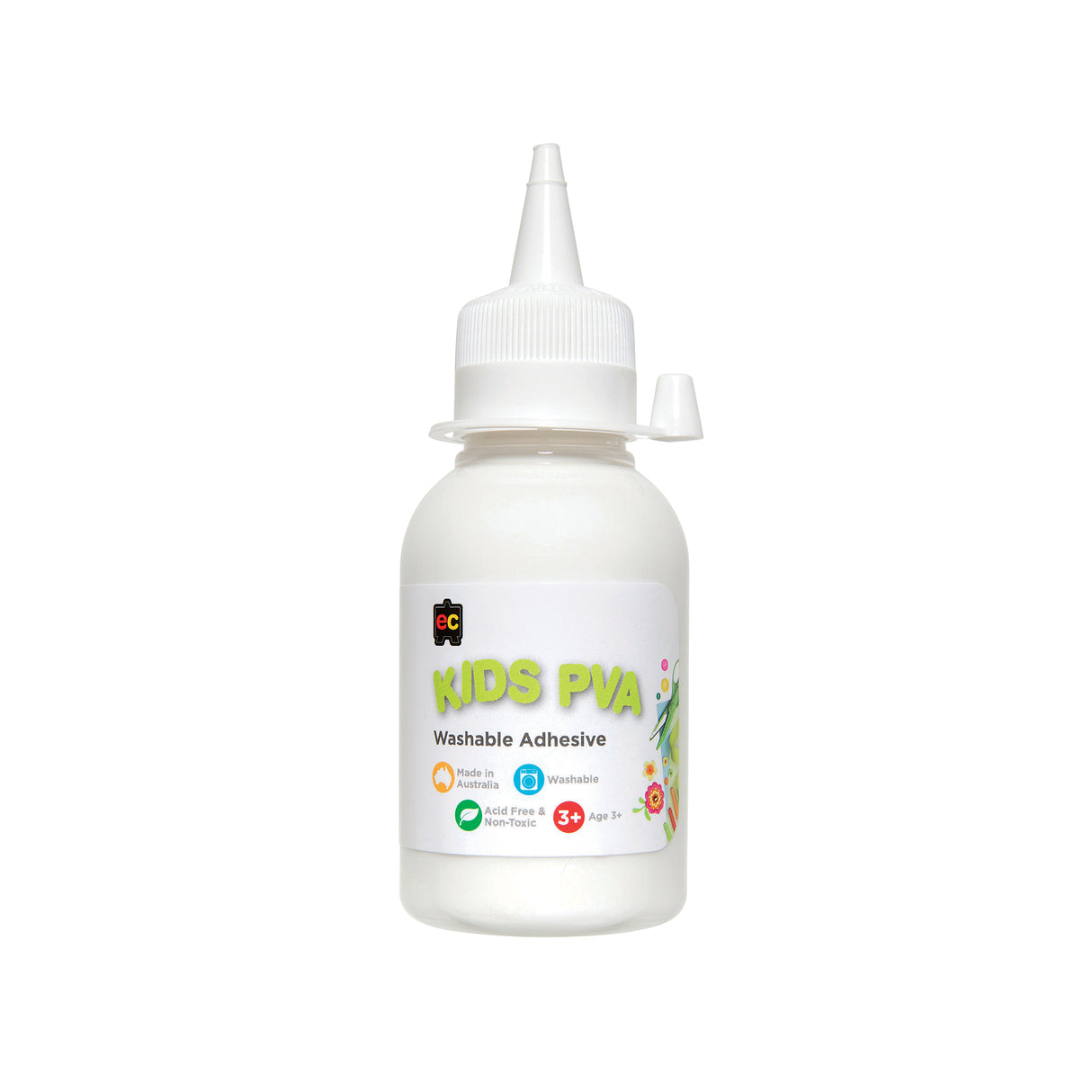 EC Kids PVA Washable Adhesive in a small 125ml translucent squeeze bottle with a precision nozzle tip and flip cap. White label with lime green typography. Labelled acid free, non-toxic, washable, and made in Australia. Suitable for ages 3+.