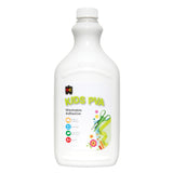 EC Kids PVA Washable Adhesive in a 2 litre white plastic bottle with screw-top lid. White label with lime green typography and colourful craft imagery. Labelled acid free, non-toxic, washable, and made in Australia. Suitable for ages 3+.