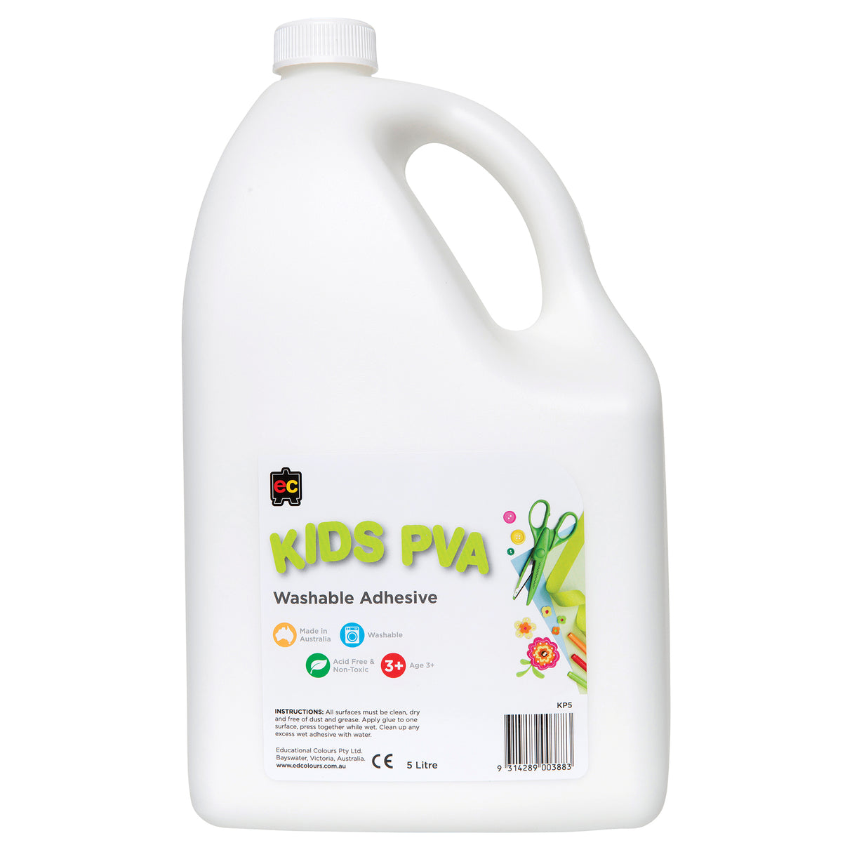 EC Kids PVA Washable Adhesive in a 5 litre white plastic jug with carry handle and screw-top lid. White label with lime green typography and colourful craft imagery. Labelled acid free, non-toxic, washable, and made in Australia. Suitable for ages 3+.