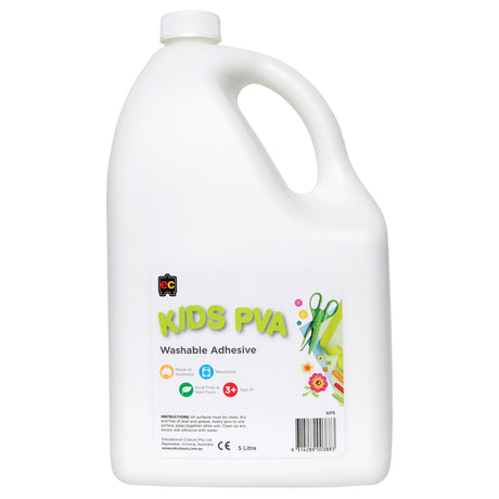 EC Kids PVA Washable Adhesive in a 5 litre white plastic jug with carry handle and screw-top lid. White label with lime green typography and colourful craft imagery. Labelled acid free, non-toxic, washable, and made in Australia. Suitable for ages 3+.