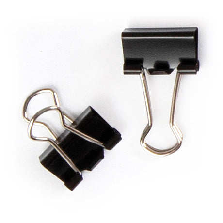 Three black metal fold back clips with silver wire handles displayed on white background. Two smaller clips positioned on the left show traditional fold-back design with double loop handles, while one larger clip on the right demonstrates the extended handle position used for hanging or gripping papers securely.