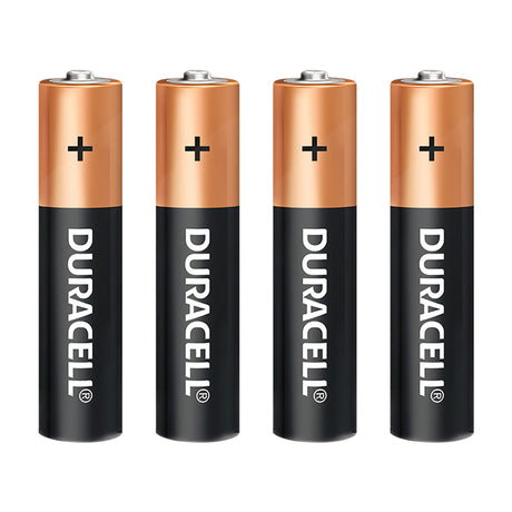 Four Duracell Coppertop AAA batteries standing upright in a row, each featuring a copper-coloured top section with a black plus symbol and a black lower section with white Duracell branding. The cylindrical batteries display silver positive terminals at the top.