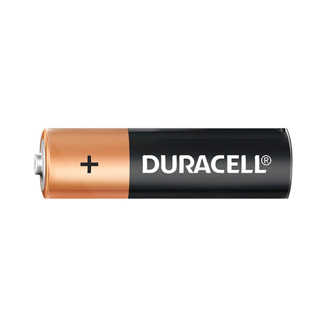 Duracell Coppertop AA battery shown horizontally on white background. The cylindrical battery features a copper-coloured positive terminal end with a plus symbol, transitioning to a black body displaying the white DURACELL brand name and registered trademark symbol. The battery casing has a glossy metallic finish.