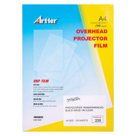 Artter A4 Overhead Projector Film packaging features a blue-to-yellow gradient background with layered translucent sheet graphics. Bold red title text contrasts the surface, while fine print and labels appear below. The smooth, glossy finish highlights the clean, flat design.