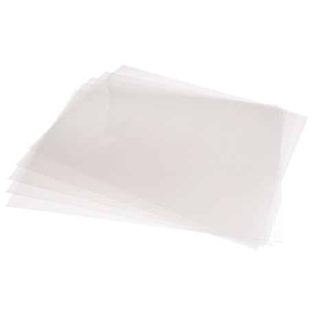 A fanned stack of transparent Zart Acetate Heavyweight Sheets on a white background, shown at an angle with edges spread out. The clear, thin sheets overlap to reveal their see-through quality and flat rectangular format.