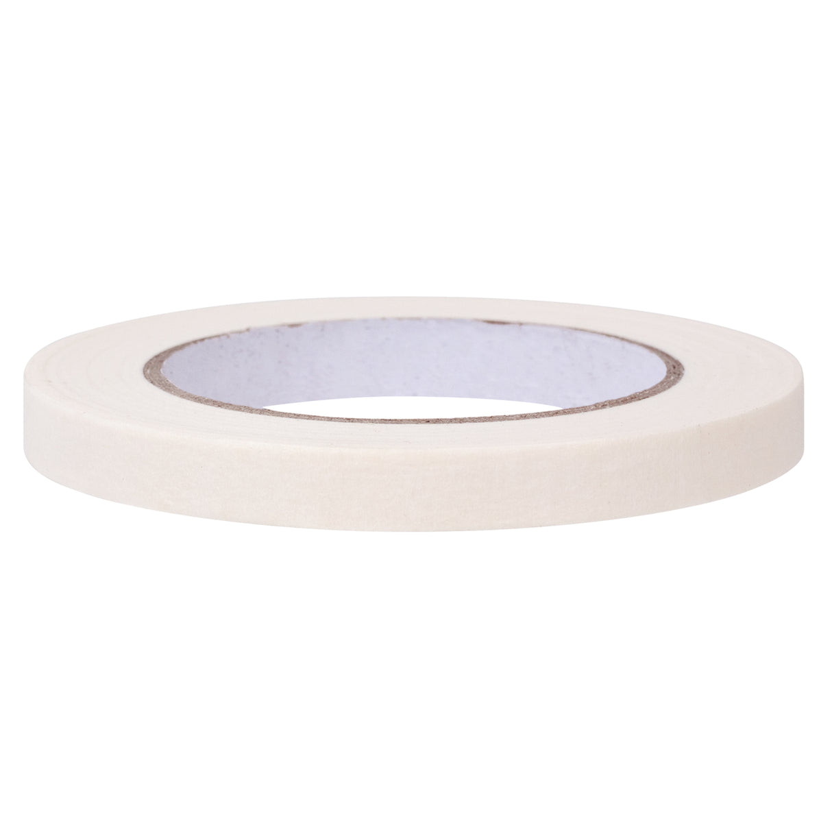A narrow roll of white masking tape shown on its side against a white background. The tape has a smooth, matte paper finish and a visible cardboard inner core.