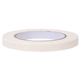 A narrow roll of white masking tape shown on its side against a white background. The tape has a smooth, matte paper finish and a visible cardboard inner core.