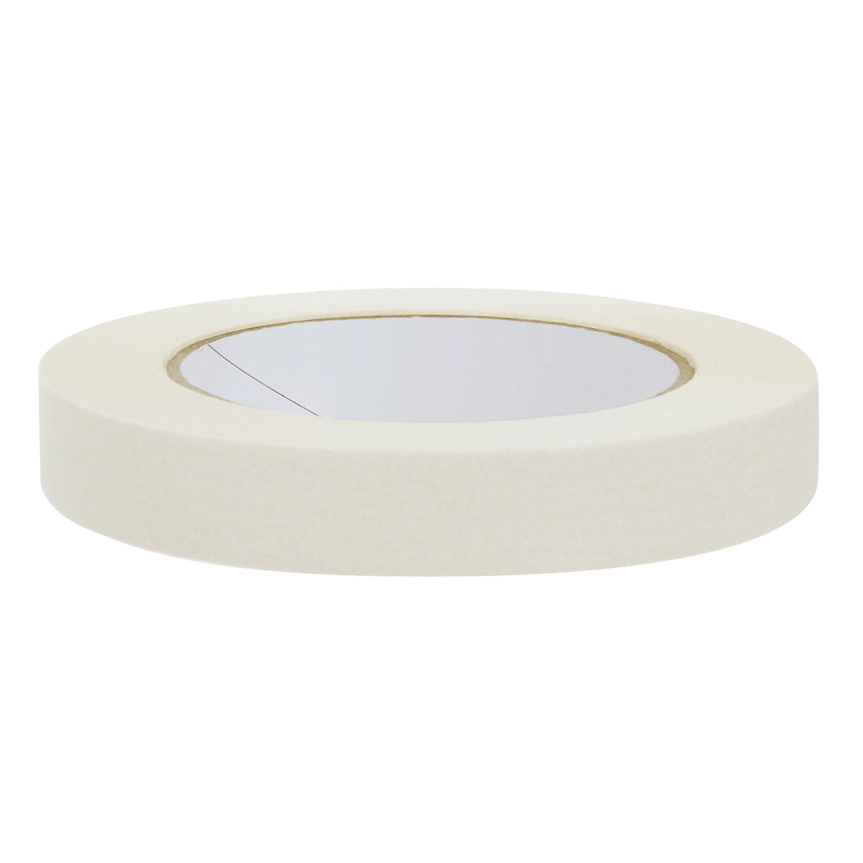 A medium-width roll of white masking tape photographed on a white background. The roll shows a matte paper surface and a circular cardboard core in the centre.