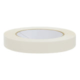 A medium-width roll of white masking tape photographed on a white background. The roll shows a matte paper surface and a circular cardboard core in the centre.