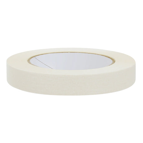 A medium-width roll of white masking tape photographed on a white background. The roll shows a matte paper surface and a circular cardboard core in the centre.