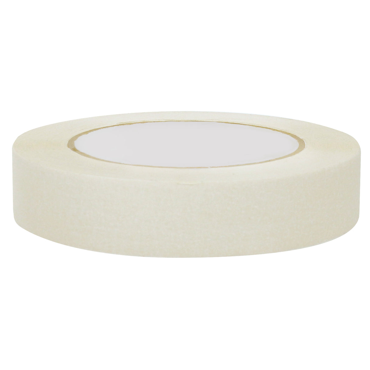 A wider roll of white masking tape displayed on its side on a white background. The matte paper tape and inner cardboard core are clearly visible.