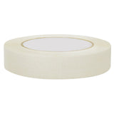 A wider roll of white masking tape displayed on its side on a white background. The matte paper tape and inner cardboard core are clearly visible.