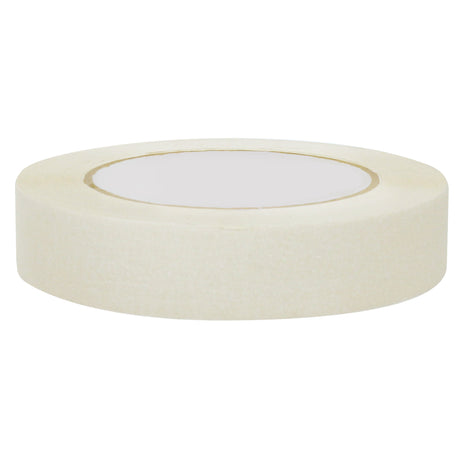 A wider roll of white masking tape displayed on its side on a white background. The matte paper tape and inner cardboard core are clearly visible.
