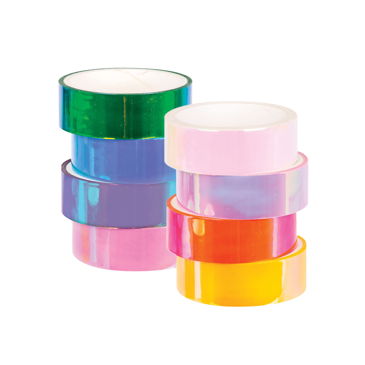 Two stacked columns of Zart Washi Tape, eight rolls total, in glossy, iridescent solid colours. One column shows green, blue, purple, and pink; the other shows pink, purple, orange, and yellow, each roll displaying a smooth, shimmering, foil-like finish across its surface.