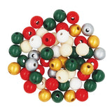 Collection of round wooden beads in festive Christmas colours including glossy red, forest green, golden yellow, silver, cream and white. Each bead features a central threading hole and smooth painted finish, arranged in a scattered display showing approximately 60 beads from the 250g pack.