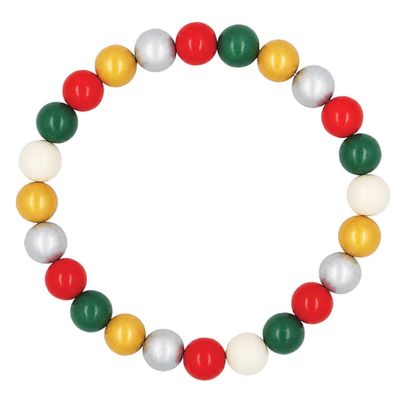 Zart Wooden Beads Christmas 250g, shown strung into a circular loop. Round wooden beads cycle through gloss red, green, gold, silver, and cream in a repeating festive pattern, each with a smooth, shiny painted finish.