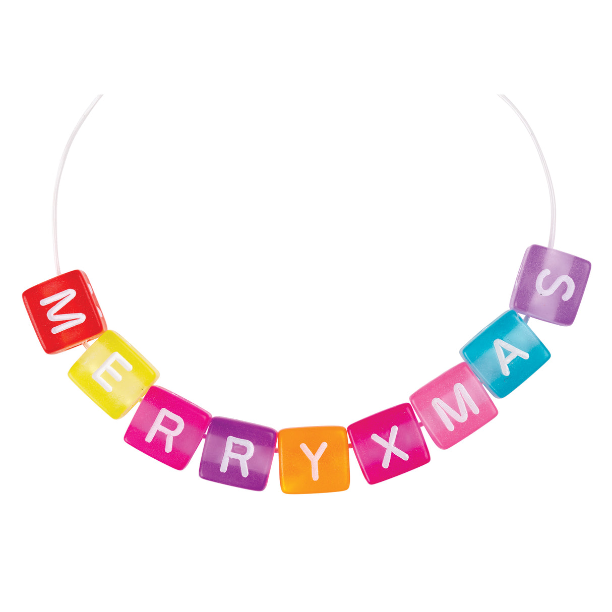 Zart Alphabet Cube Beads in Coloured Large, shown strung on clear cord spelling "MERRYXMAS". Each square bead is a different bright colour, including red, yellow, pink, purple, orange, blue, and lilac, with the white letter printed on each cube face.