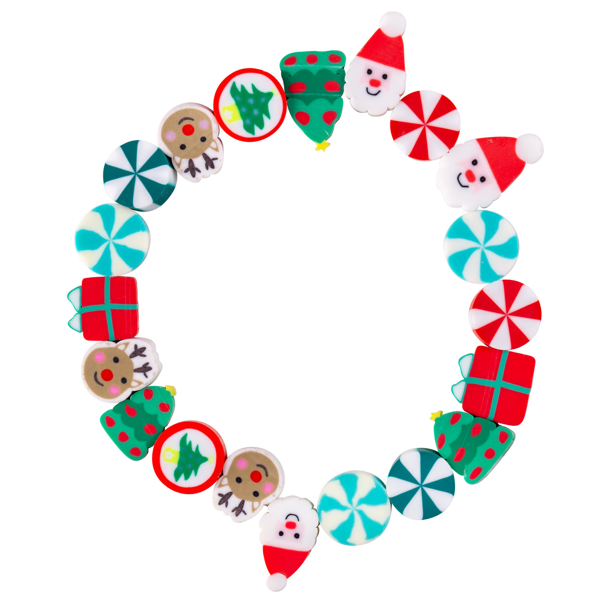 Festive silicone beads arranged in a wreath formation featuring colourful Christmas shapes including Santa faces with red hats, gingerbread people, red and white peppermint swirls in teal and green, wrapped presents with green ribbon, green stockings with red dots, and Christmas tree medallions with red frames.