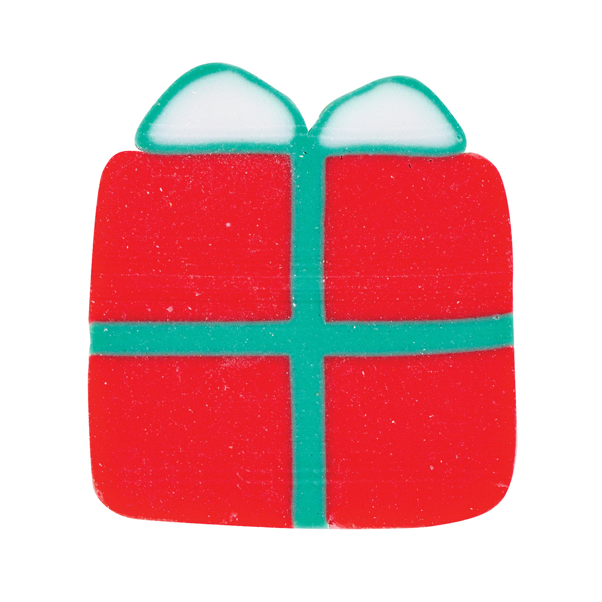 Festive gift box shaped silicone bead in bright red with turquoise ribbon and bow detail. The rounded square bead features a glittery textured surface with white highlights on the bow loops, perfect for Christmas-themed jewellery making and craft projects.