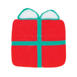 Festive gift box shaped silicone bead in bright red with turquoise ribbon and bow detail. The rounded square bead features a glittery textured surface with white highlights on the bow loops, perfect for Christmas-themed jewellery making and craft projects.