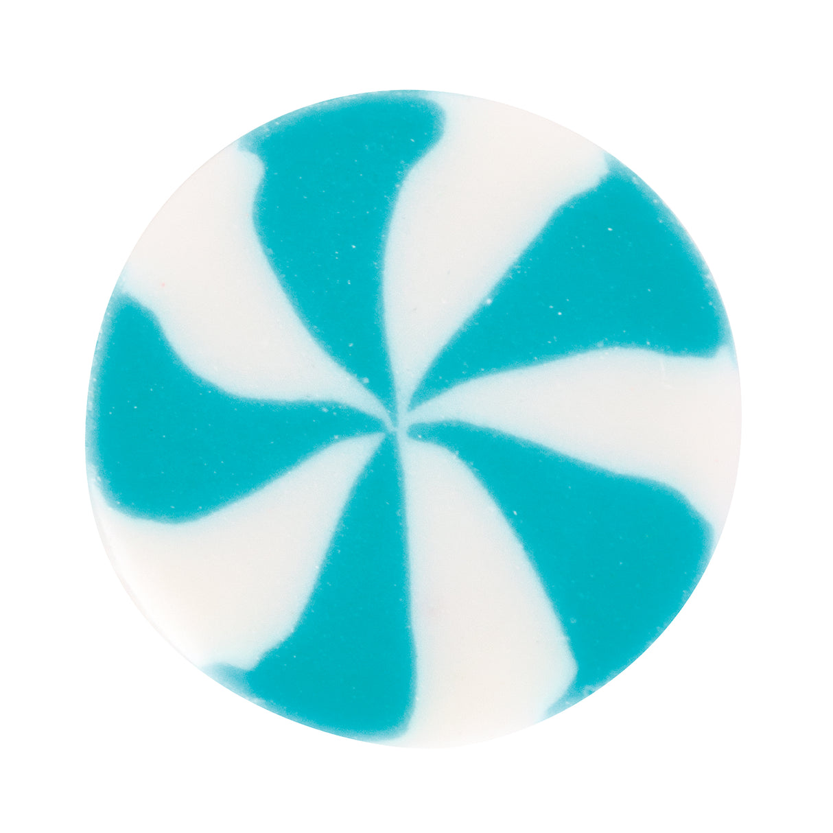 Round silicone bead featuring a turquoise and white pinwheel pattern with six evenly-spaced curved petals radiating from the centre, creating a swirled peppermint candy appearance. The bead has a glossy, smooth surface with subtle sparkle throughout the turquoise sections, ideal for festive jewellery-making and sensory craft projects.