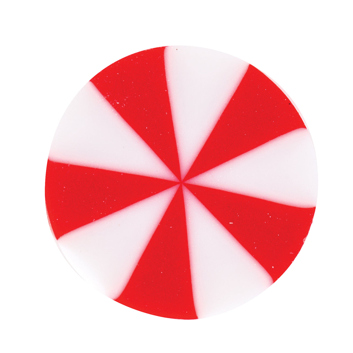 Round silicone bead featuring a festive peppermint swirl design with alternating bright red and white segments radiating from the centre. The glossy bead has a smooth surface with subtle sparkle throughout the red sections, creating a classic Christmas candy appearance suitable for jewellery making and craft projects.