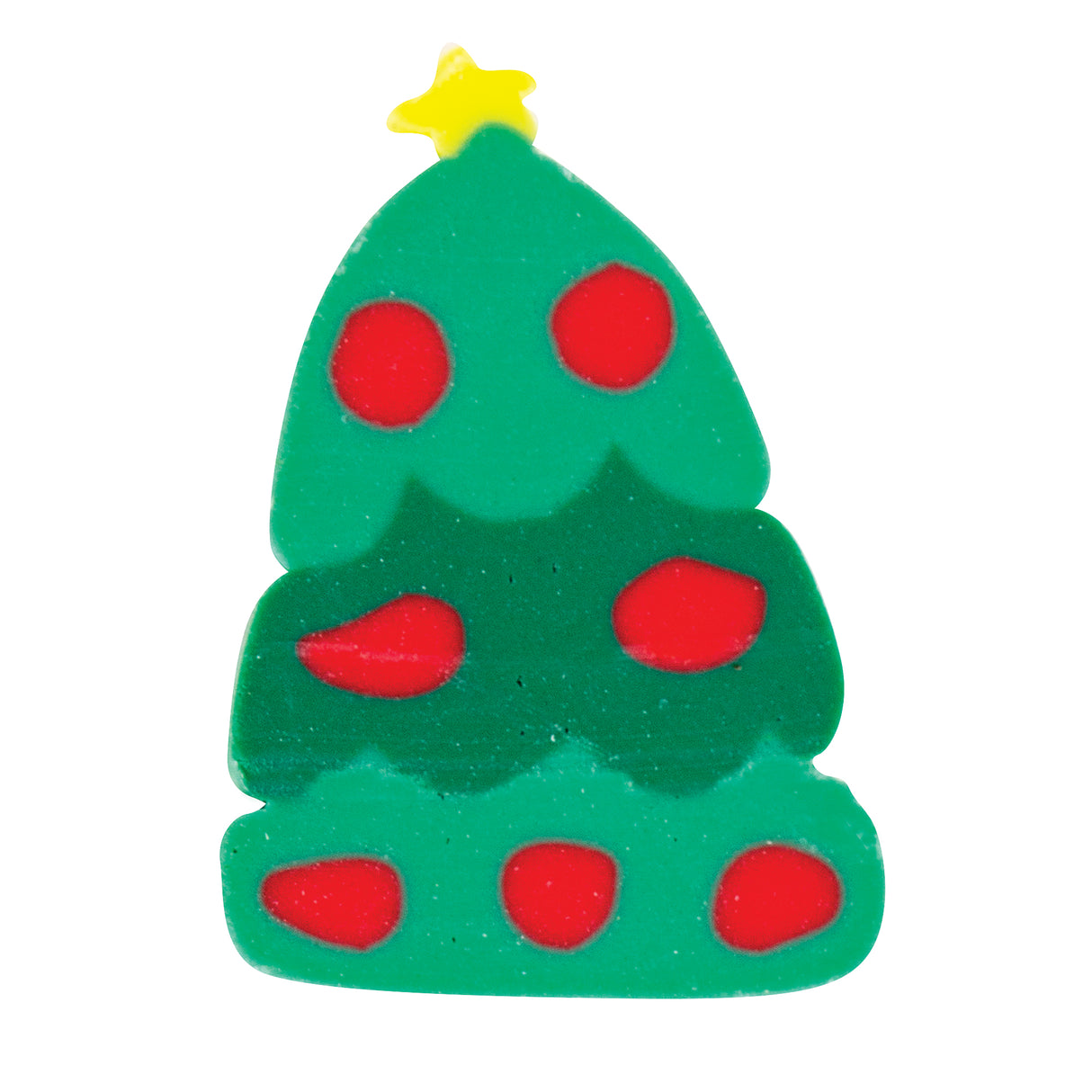 Handmade Christmas tree craft created with green silicone beads in varying shades, decorated with red circular ornaments across three tiers and topped with a bright yellow star. The textured beads create a dimensional festive decoration against a white background.
