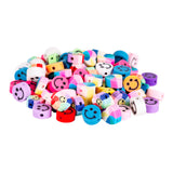 Colourful collection of cylindrical silicone beads in vibrant shades including pink, purple, blue, yellow, red, and multicolour patterns. Each bead features a cheerful smiley face design and central threading hole, perfect for jewellery making and wellbeing craft activities.