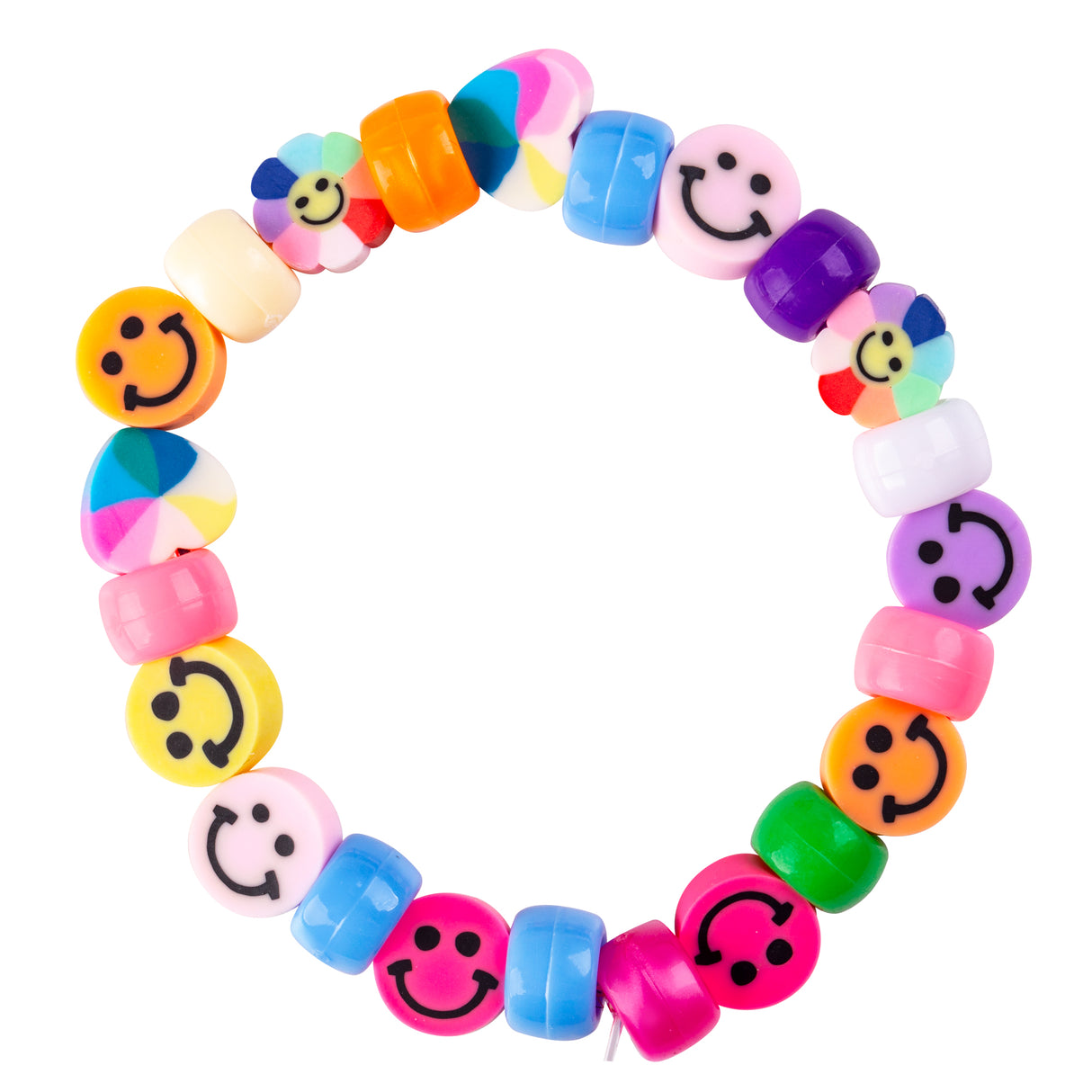 Colourful bracelet made from silicone beads featuring cheerful smiley face beads in pink, yellow, orange, and purple alternating with cylindrical beads in solid colours and rainbow patterns. The wellbeing-themed beads are arranged in a circle on a white background, showcasing vibrant hues including blue, green, pink, and cream.