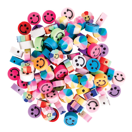 Colourful assortment of silicone beads in various shapes including round smiley faces and rectangular tubes, featuring vibrant gradient patterns in pink, blue, yellow, purple, orange and red. The cheerful wellbeing-themed beads display happy face designs and ombré colour transitions, perfect for jewellery making and craft projects.
