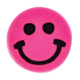 Bright pink silicone bead in a circular smiley face design with two round black eyes and a cheerful black smile. The soft, tactile bead has a smooth matte finish with subtle sparkle inclusions throughout. Wellbeing sensory bead suitable for threading and crafting activities.