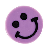 Round purple silicone bead with a black smiley face design featuring two circular eyes and a curved smile. The bead has a smooth, glossy surface with fine glitter sparkles throughout the purple material, creating a cheerful wellbeing-themed craft component suitable for jewellery making and sensory activities.