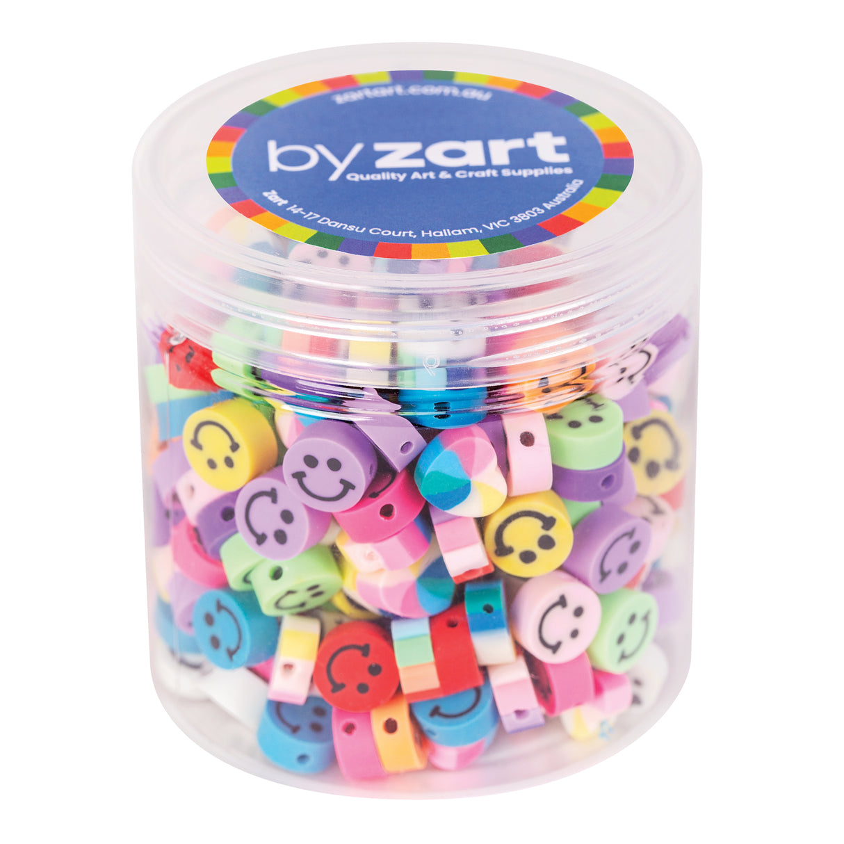 Clear cylindrical container with blue byzart lid featuring rainbow border. Inside are colourful silicone beads in various shapes including smiley faces, hearts, and striped rectangular pieces in pink, purple, yellow, green, blue, and red for creative wellbeing crafting activities.