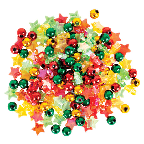 Colourful assortment of translucent plastic Christmas beads in festive red, green, yellow, orange, and pink tones. The collection includes star-shaped beads and round ball beads with threading holes, featuring both metallic and transparent finishes. Perfect for holiday craft projects and jewellery making.