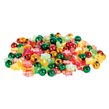 Colourful assortment of Christmas craft beads including metallic red, green and gold spherical beads mixed with translucent star-shaped beads in red, pink, yellow, orange and green. The festive bead mix contains approximately 250 grams of various shapes and sizes suitable for threading and jewellery making projects.