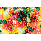 Close-up view of Zart Christmas Bead Assorted 250g, showing a vibrant mix of metallic round beads and translucent star-shaped beads in red, green and gold, clustered together with visible threading holes and glossy reflective surfaces.