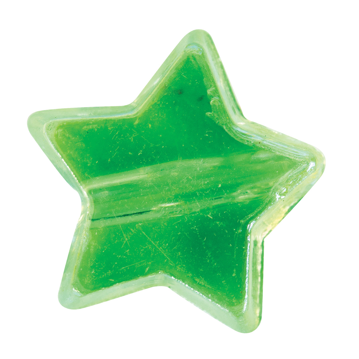 Translucent green star-shaped bead with a glossy, slightly marbled surface and rounded edges. The Christmas bead features a central threading hole and displays layers of emerald and lime green tones throughout its transparent resin construction, photographed against a white background.
